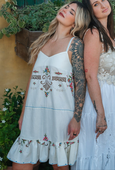 Embroidered Tablecloth Upcycled Floral Dress - Small