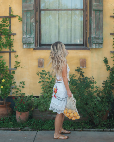 Upcycled Fruit Basket Tablecloth Skirt - Medium