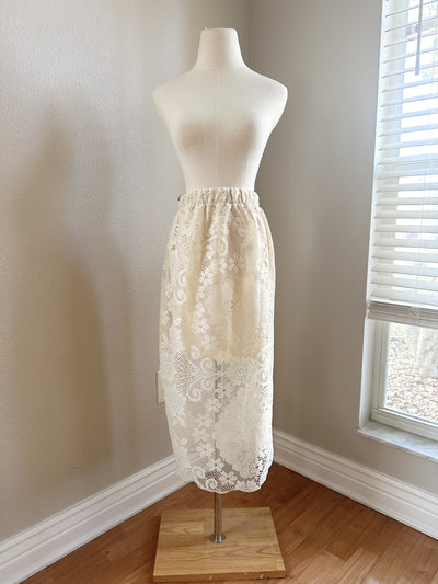 Up Cycled White and Pale Yellow Lace Skirt - Large