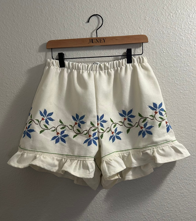 Blue & White Embroidered Tablecloth Upcycled Shorts- Medium