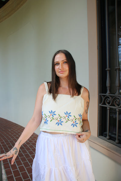 Blue & White Embroidered Tablecloth Upcycled Tank Top - Medium