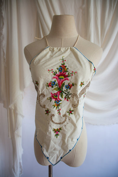 Upcycled Colorful Floral Embroidered Tablecloth Halter Top - Small to Medium