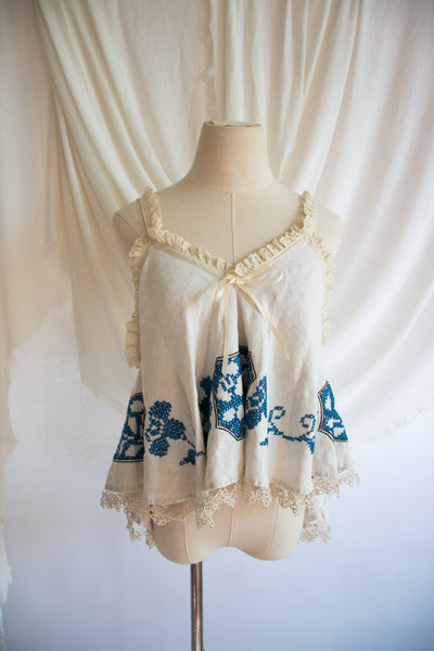 Blue & White Upcycled Vintage Tablecloth Tank Top- Medium