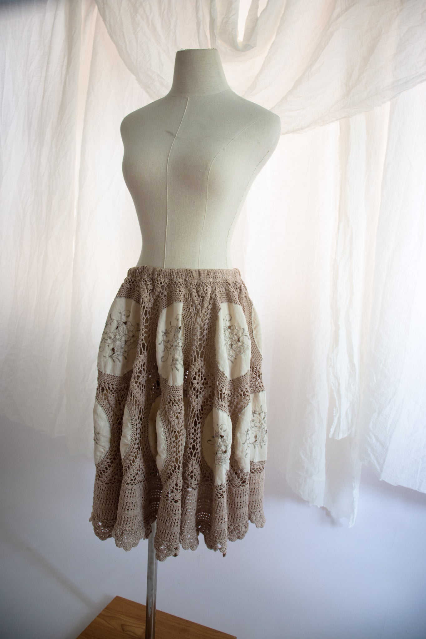 Beige and Tan Crochet Tablecloth Skirt - Small to Medium