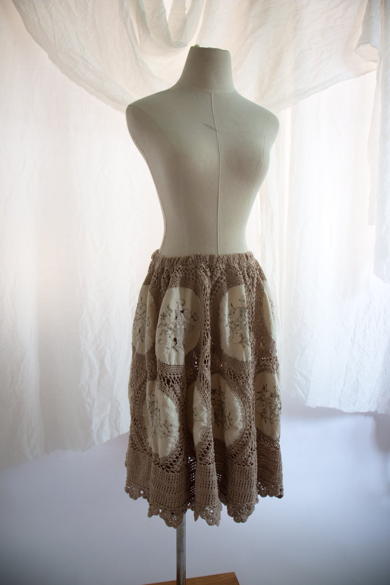 Beige and Tan Crochet Tablecloth Skirt - Small to Medium