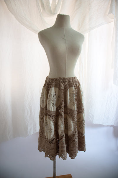 Beige and Tan Crochet Tablecloth Skirt - Small to Medium