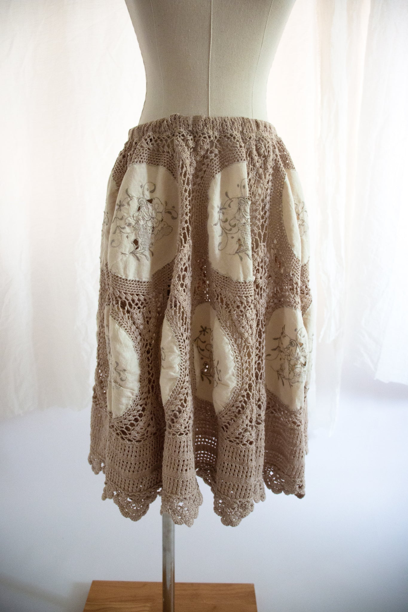 Beige and Tan Crochet Tablecloth Skirt - Small to Medium