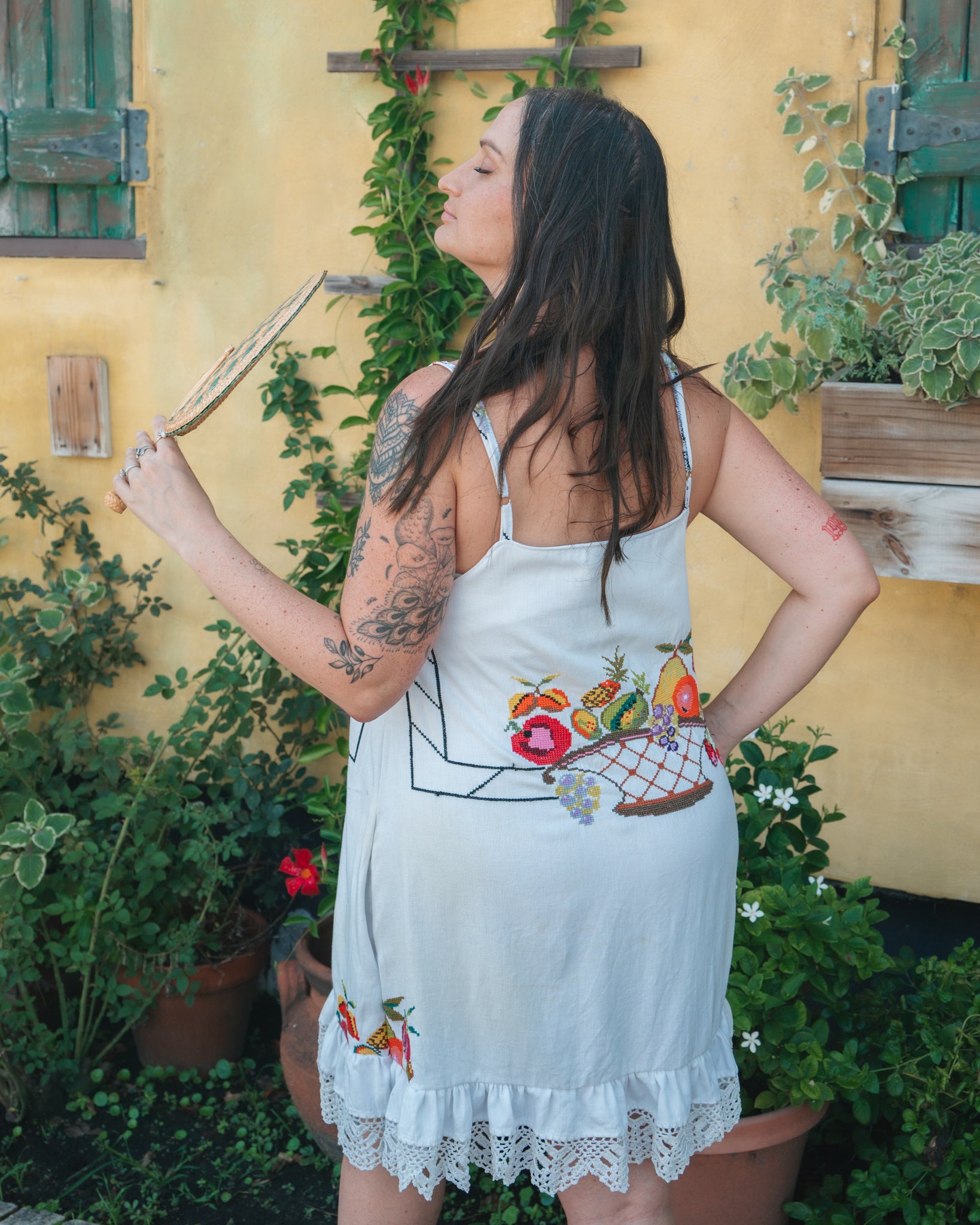 Embroidered Tablecloth Upcycled Fruit Basket Dress - Large to Extra Large