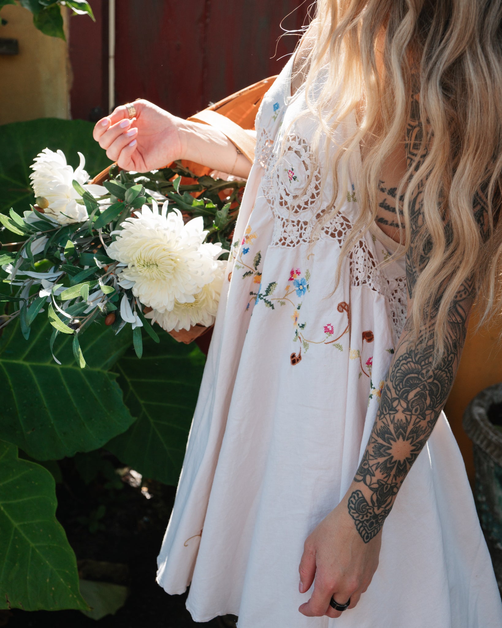Embroidered Tablecloth Upcycled Floral Dress - Extra Small