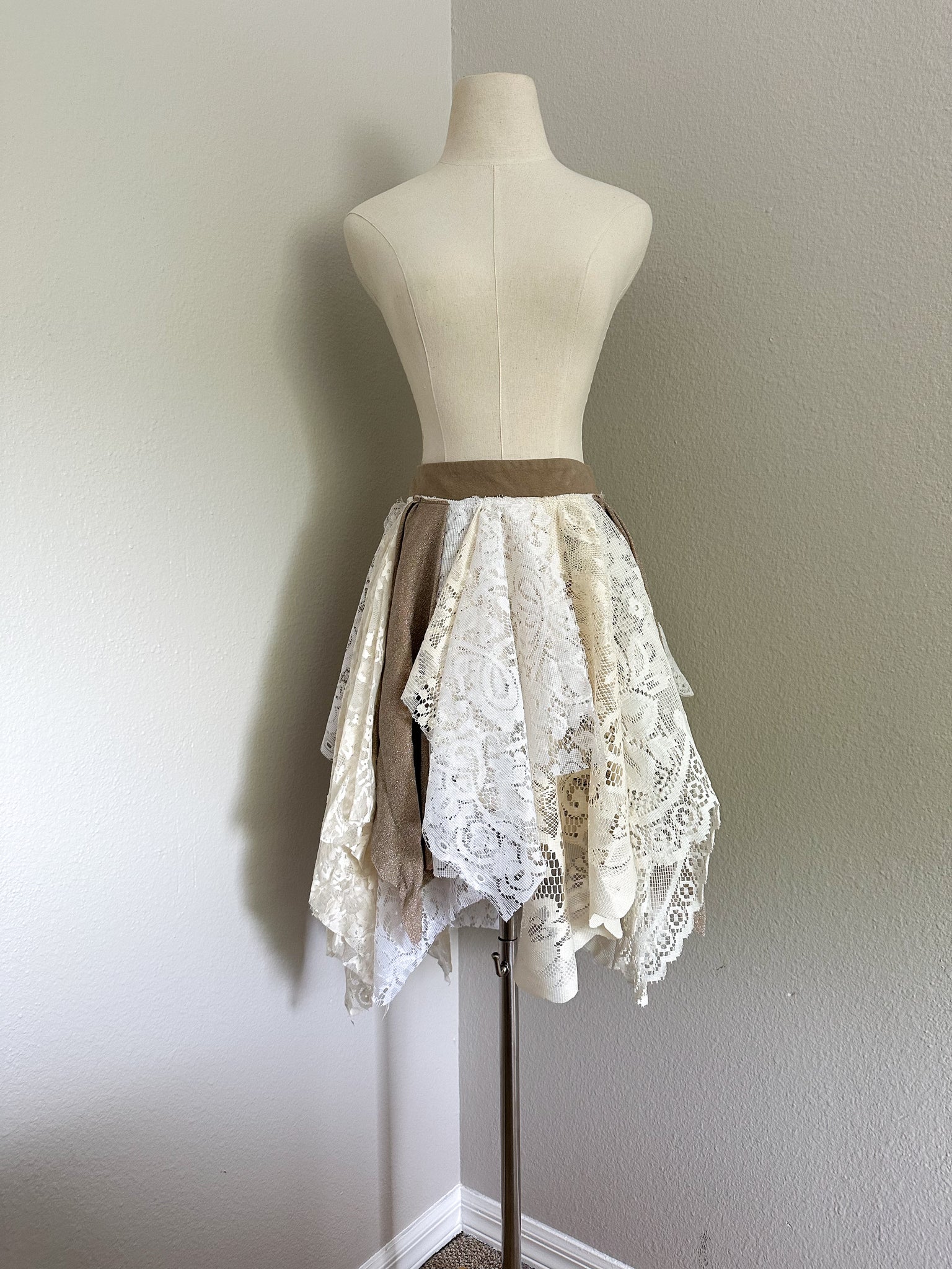 White & Tan Lace Fairy Skirt - Size Large- Ready to Ship