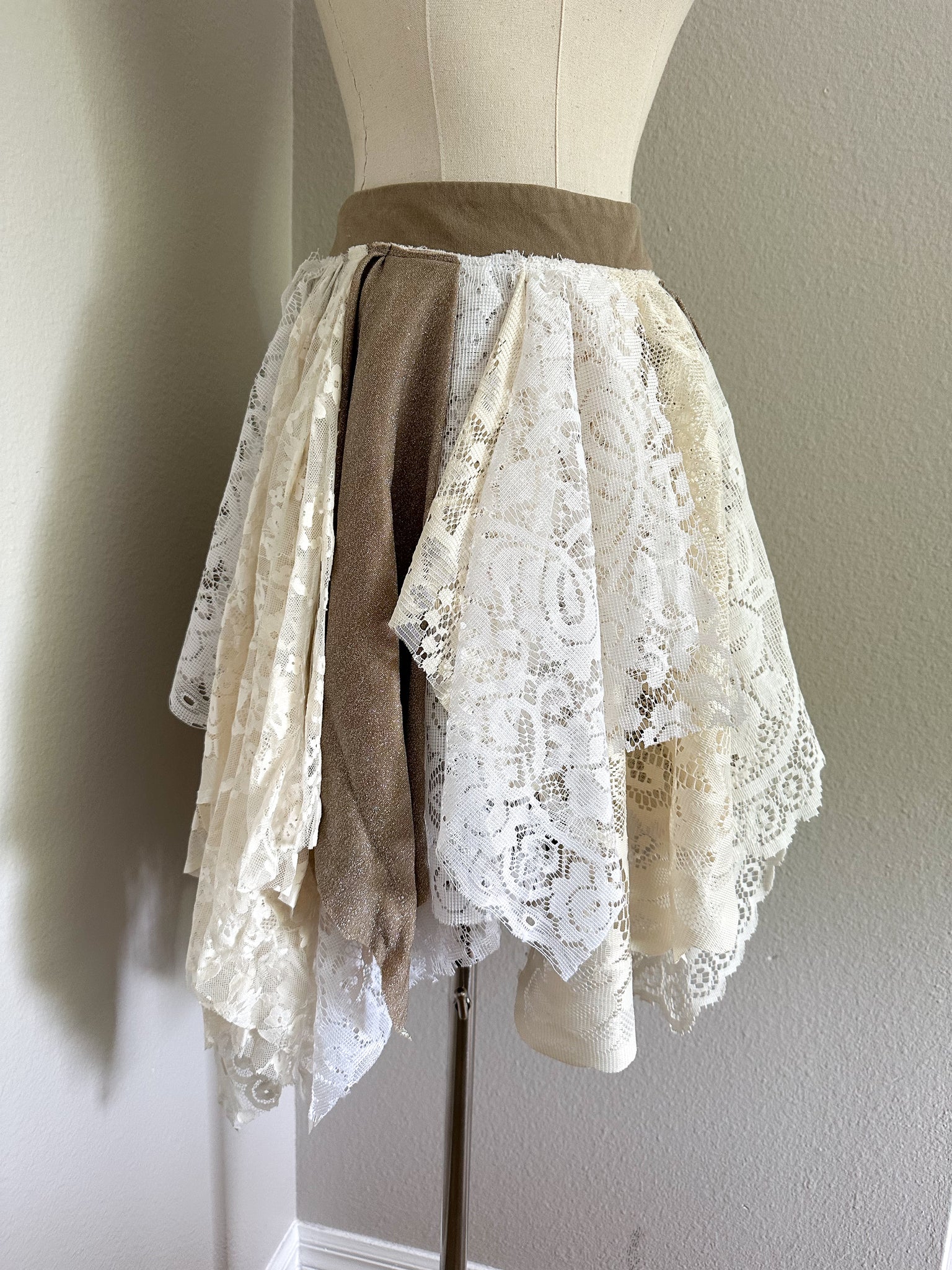 White & Tan Lace Fairy Skirt - Size Large- Ready to Ship