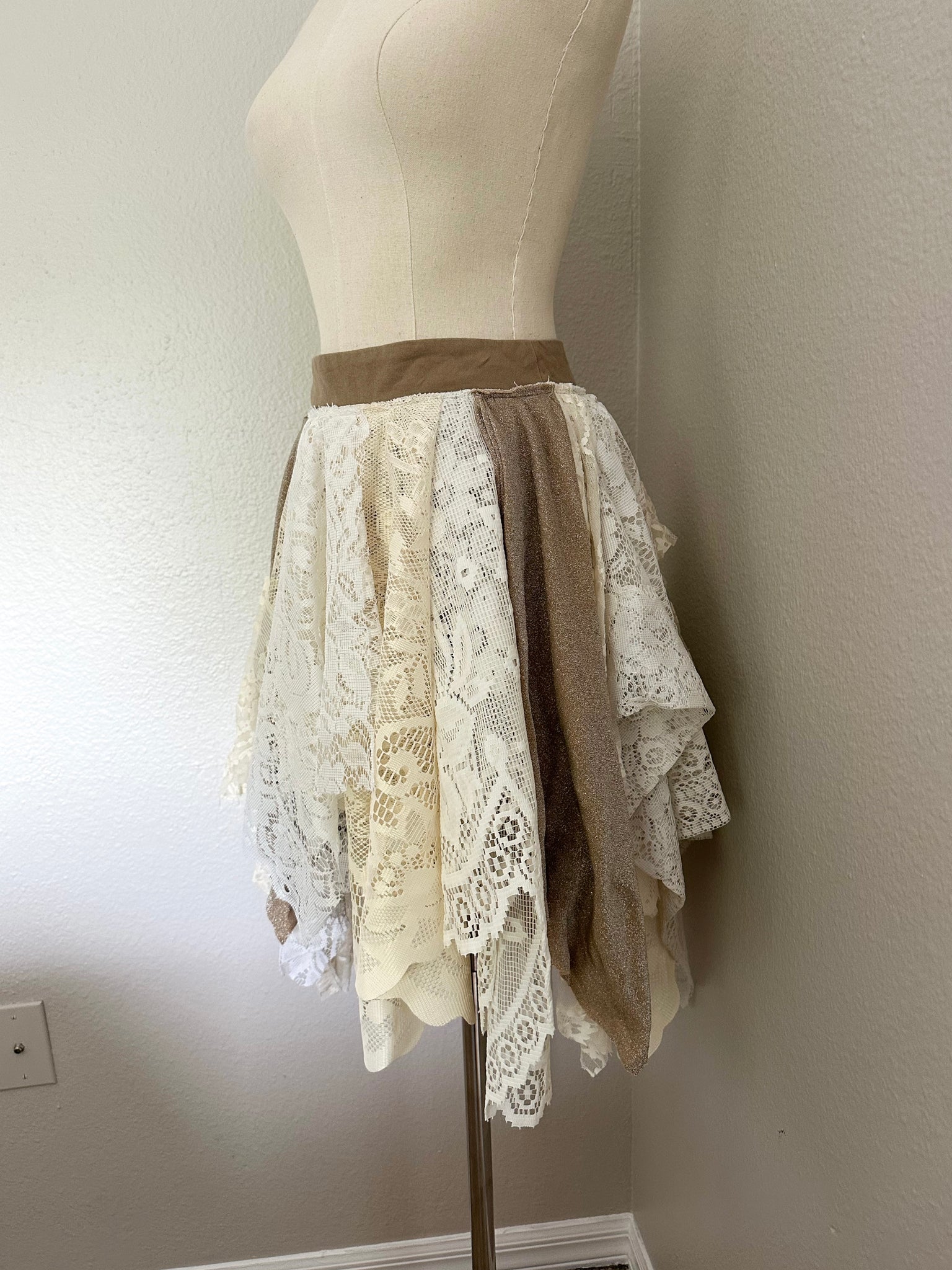 White & Tan Lace Fairy Skirt - Size Large- Ready to Ship