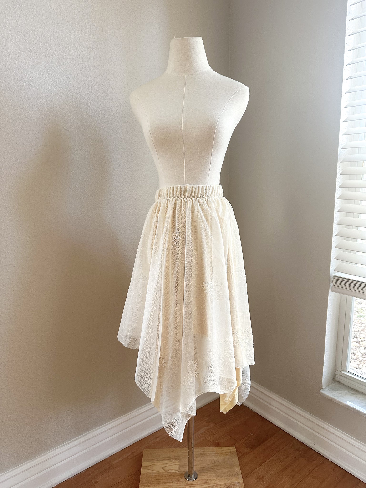 Up Cycled Asymmetrical White and Pale Yellow Lace Skirt - Extra Large