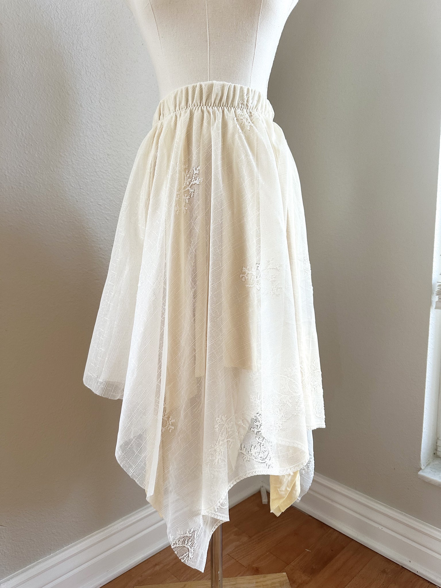 Up Cycled Asymmetrical White and Pale Yellow Lace Skirt - Extra Large