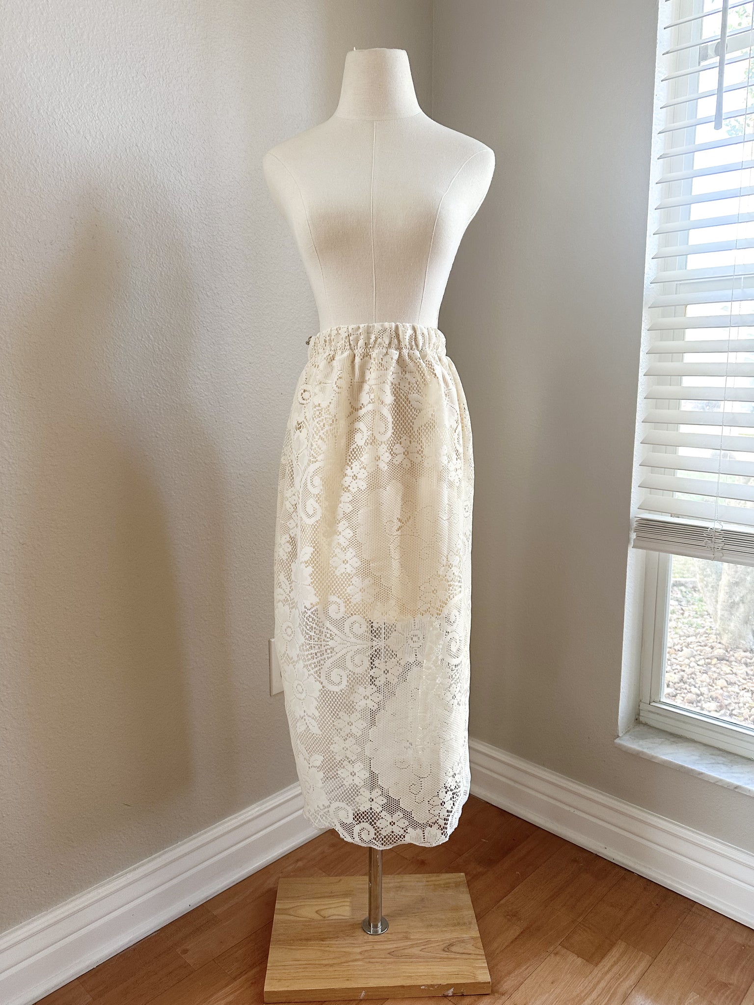 Up Cycled White and Pale Yellow Lace Skirt -  Large