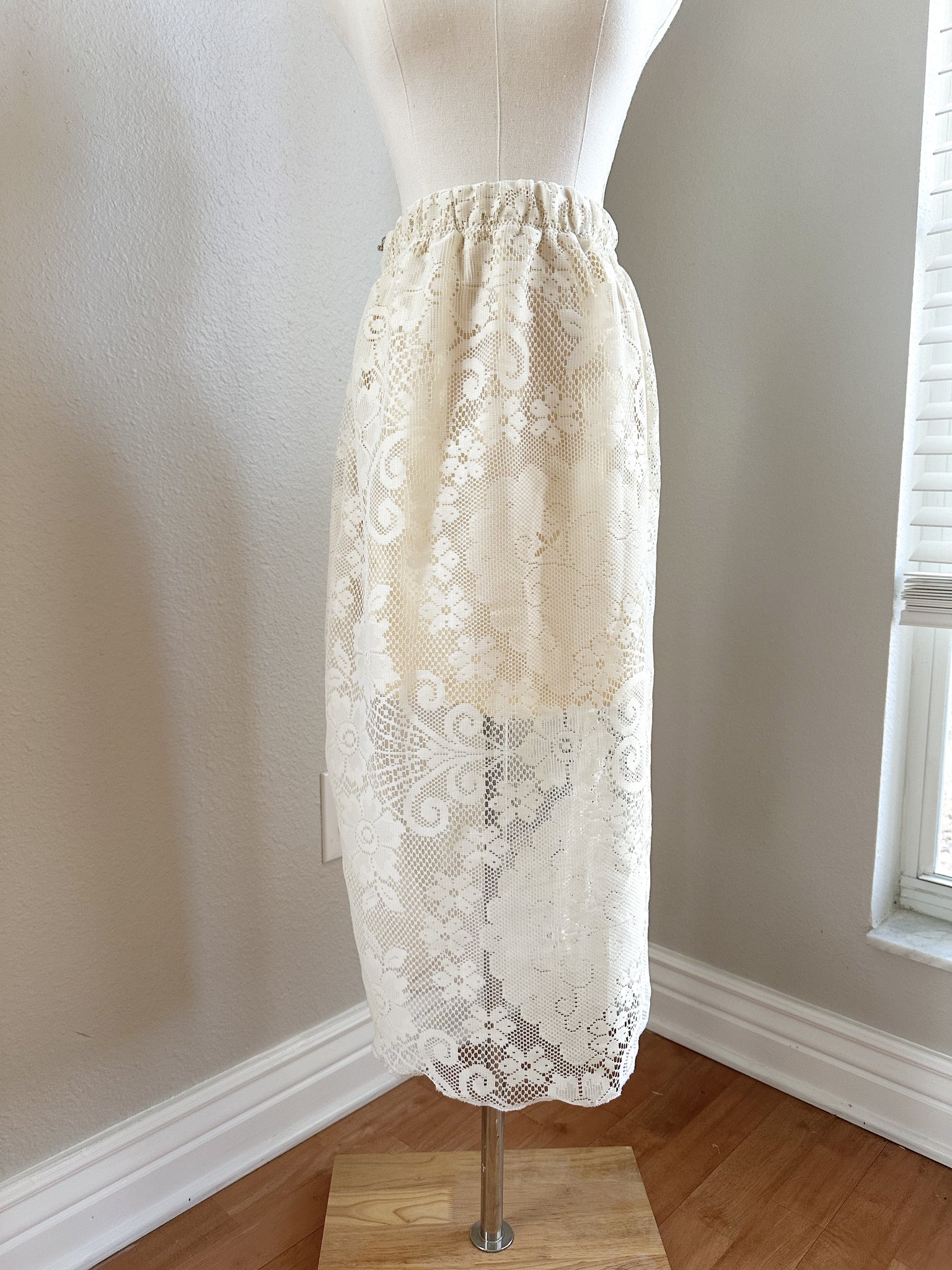 Up Cycled White and Pale Yellow Lace Skirt -  Large