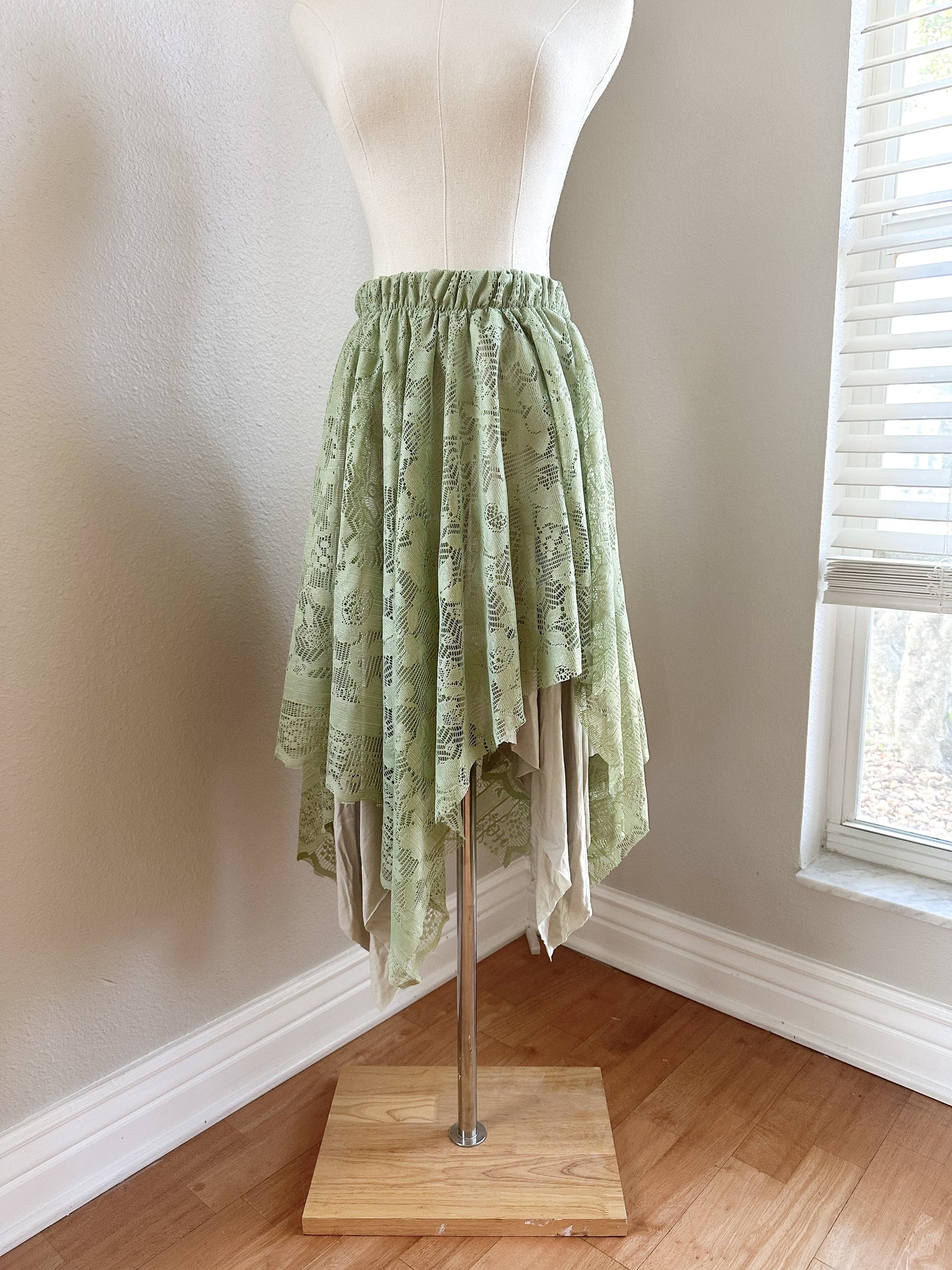 Up Cycled Asymmetrical Green Sage Lace Skirt - Medium/Large