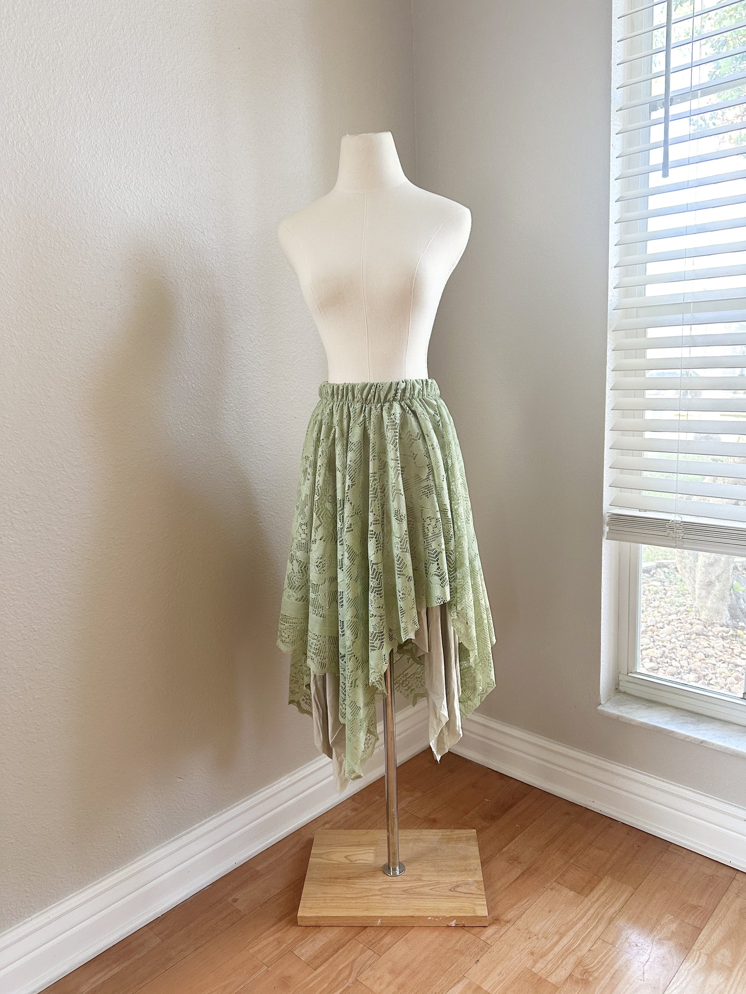 Up Cycled Asymmetrical Green Sage Lace Skirt - Medium/Large