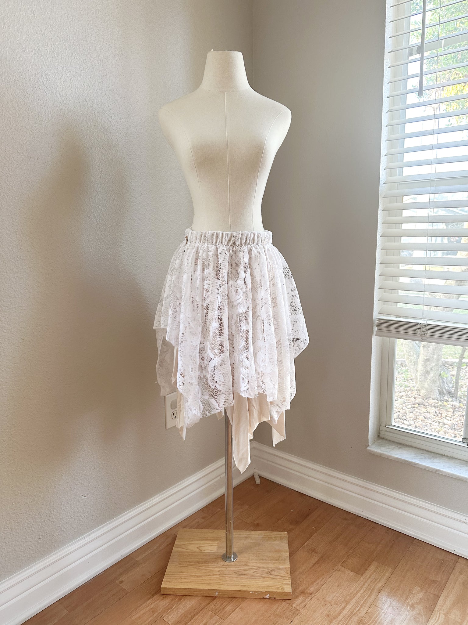 Up Cycled Asymmetrical White & Beige Lace Skirt - Medium/Large