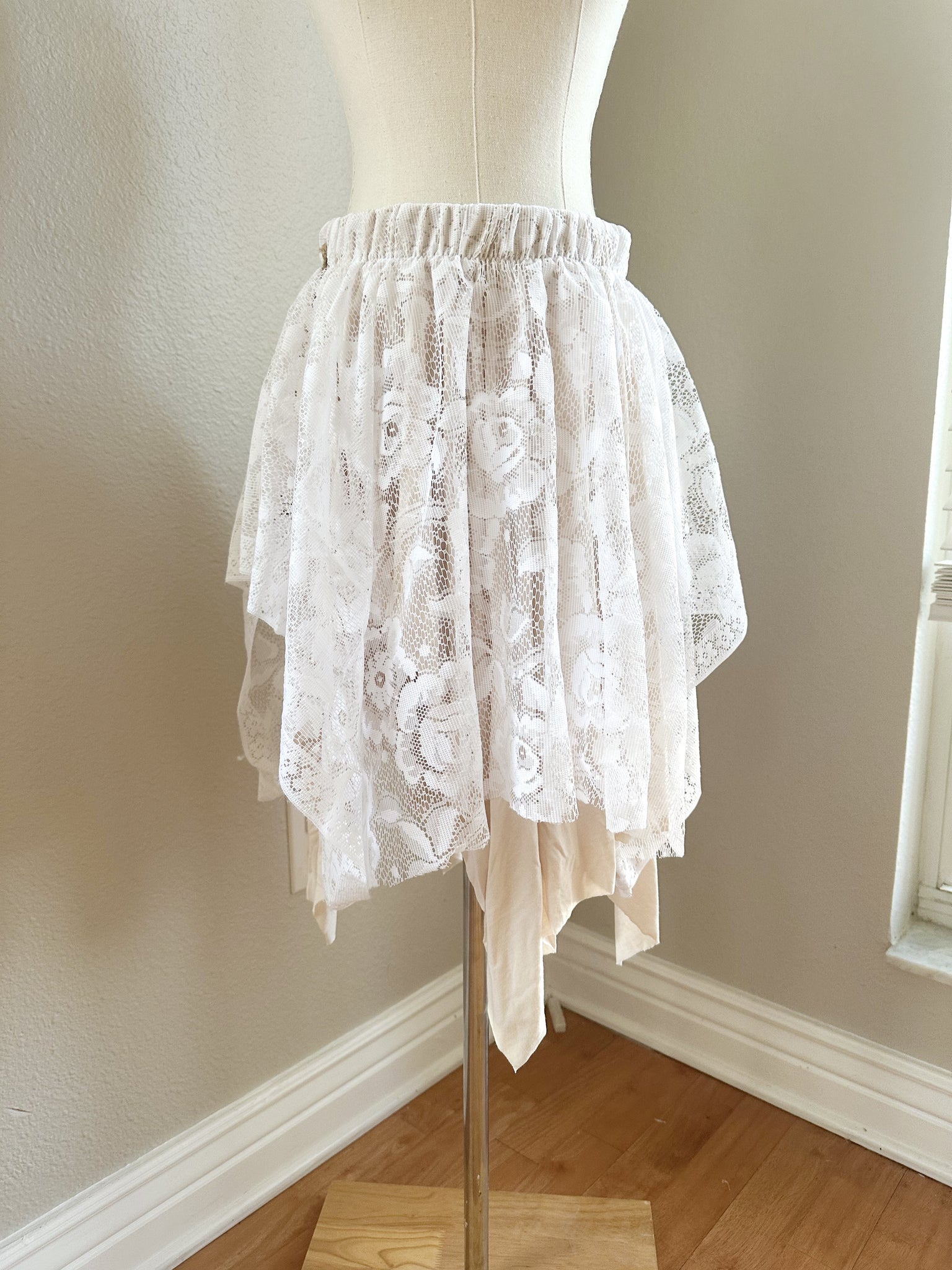 Up Cycled Asymmetrical White & Beige Lace Skirt - Medium/Large