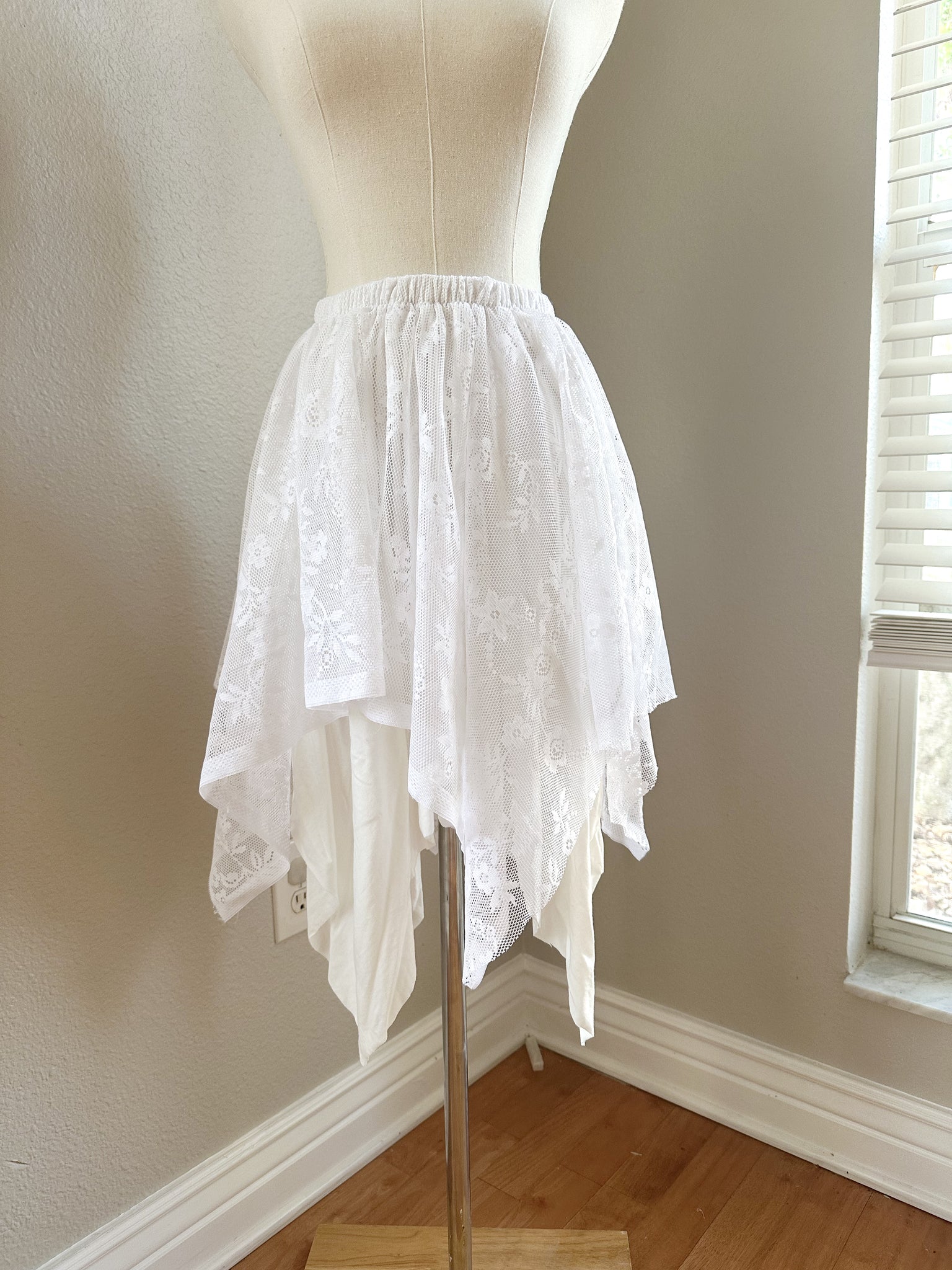 Up Cycled Asymmetrical White Lace Skirt - Extra Small / Small