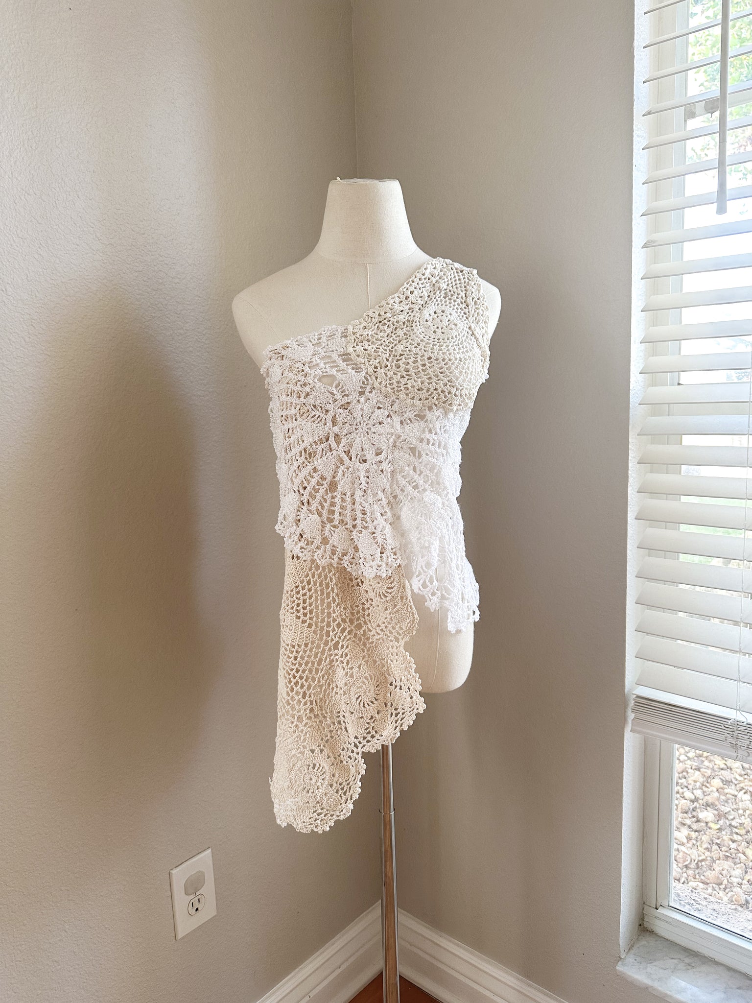 Up Cycled One Shoulder Top - Large (adjustable) - made from vintage doilies