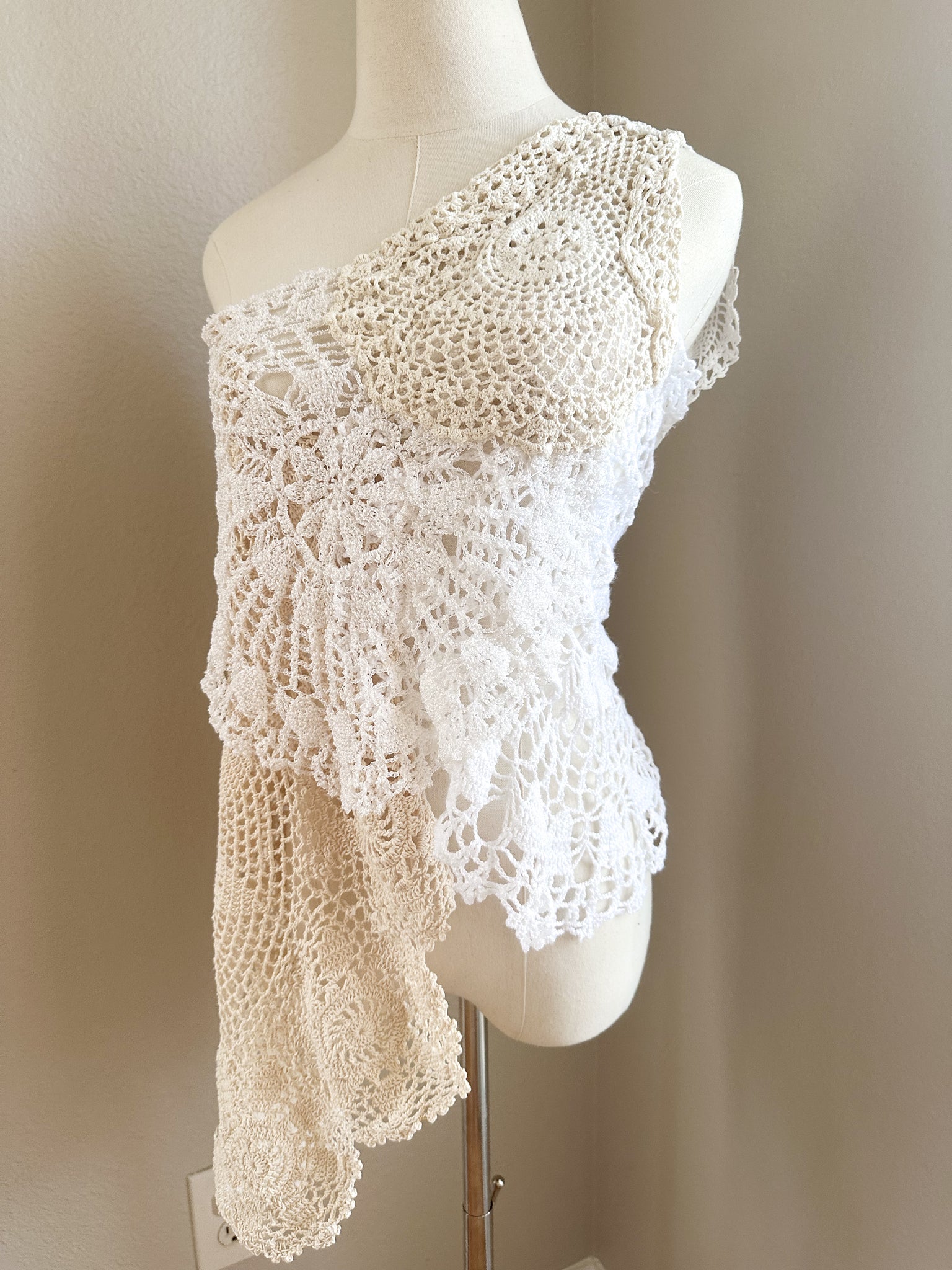 Up Cycled One Shoulder Top - Large (adjustable) - made from vintage doilies