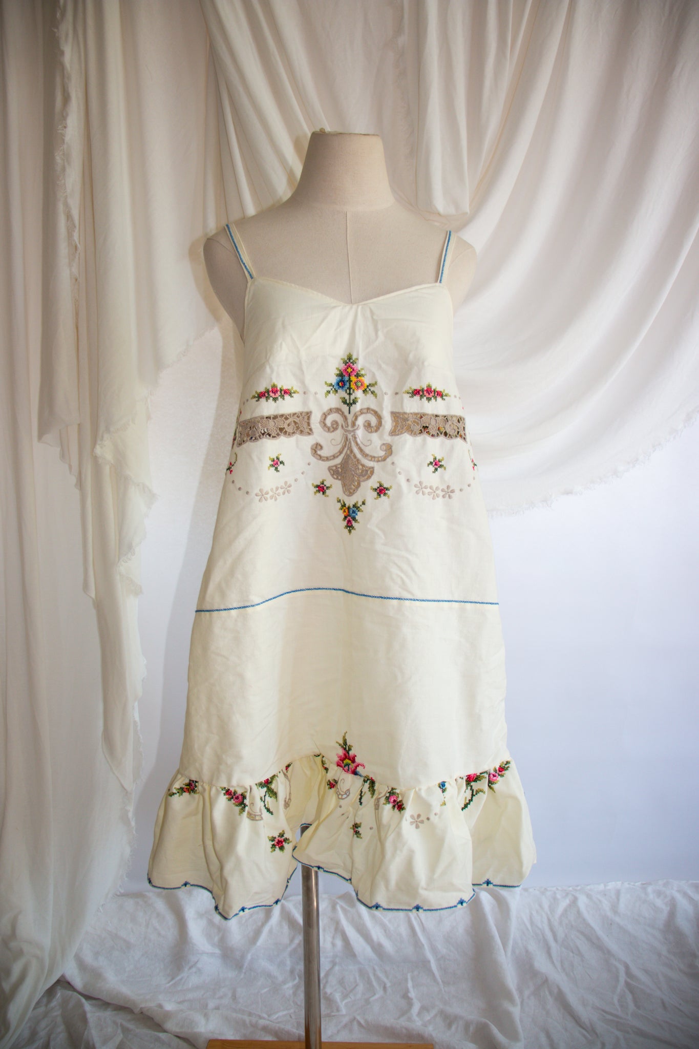 Embroidered Tablecloth Upcycled Floral Dress - Small
