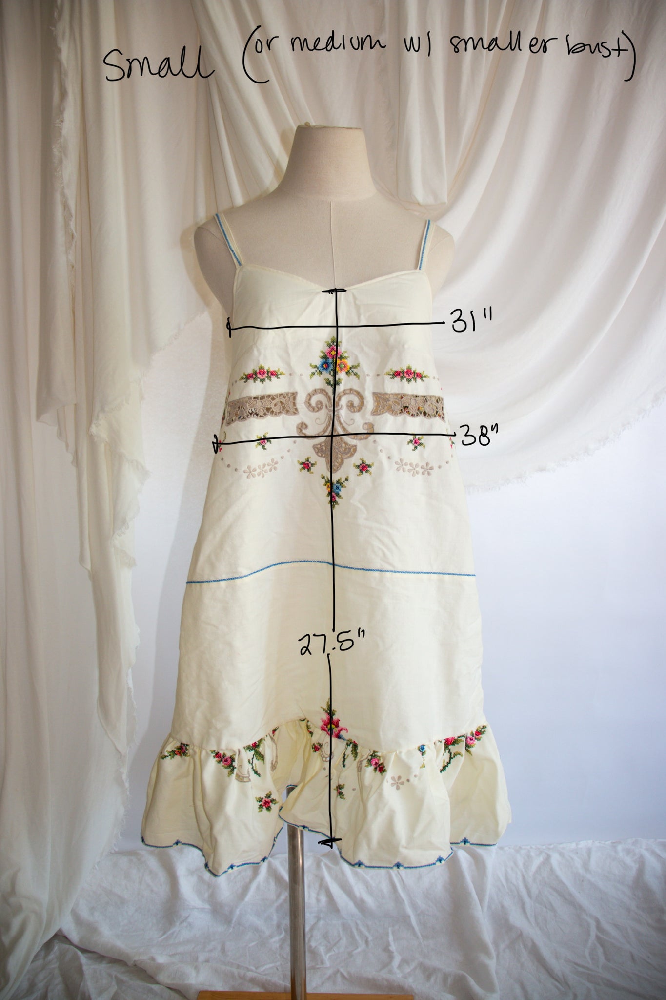Embroidered Tablecloth Upcycled Floral Dress - Small