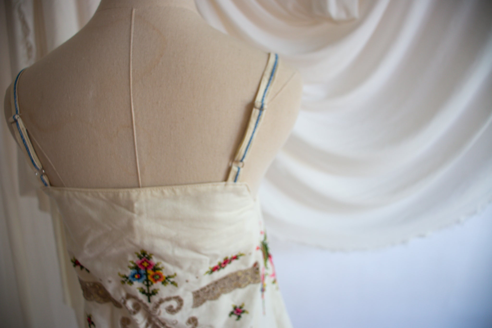 Embroidered Tablecloth Upcycled Floral Dress - Small