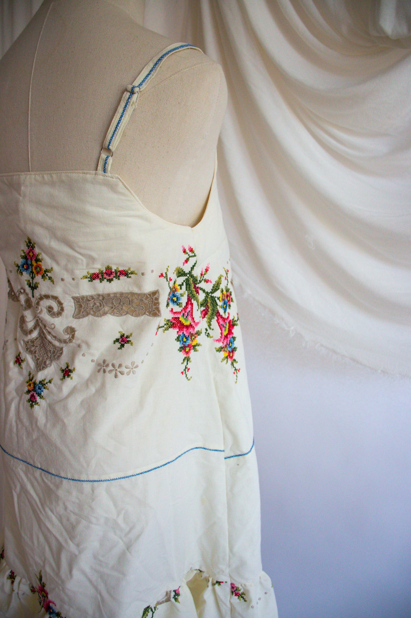 Embroidered Tablecloth Upcycled Floral Dress - Small