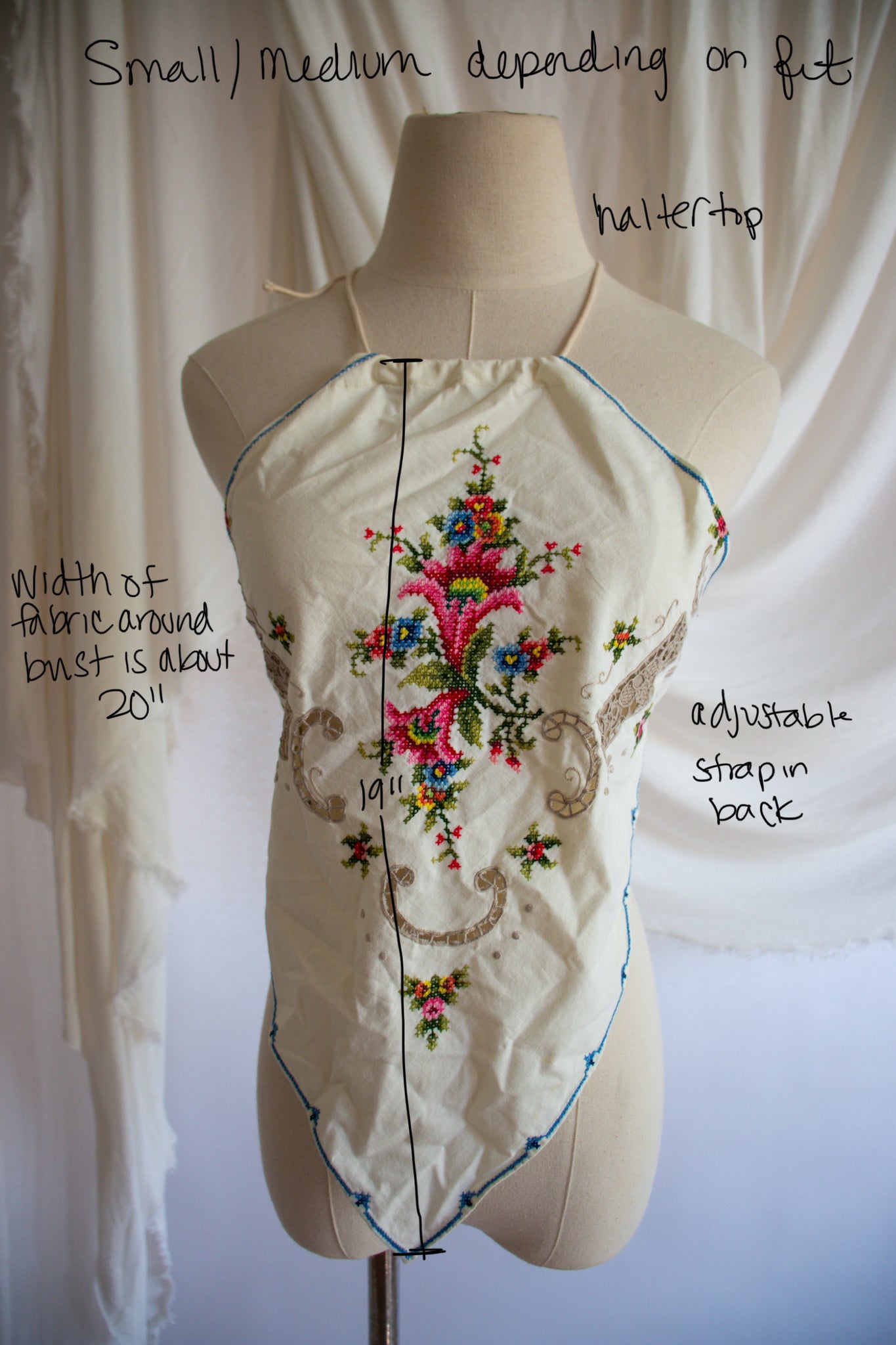 Upcycled Colorful Floral Embroidered Tablecloth Halter Top - Small to Medium