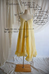 Yellow dress on a mannequin with measurements and notes on a white background