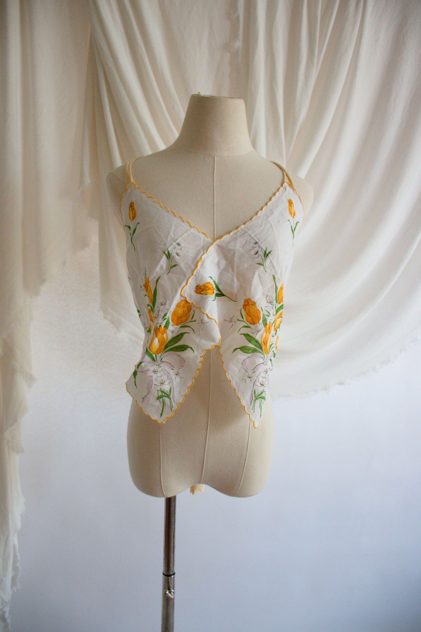 Upcycled Yellow Vintage Floral Handkerchief Top - Small to Large
