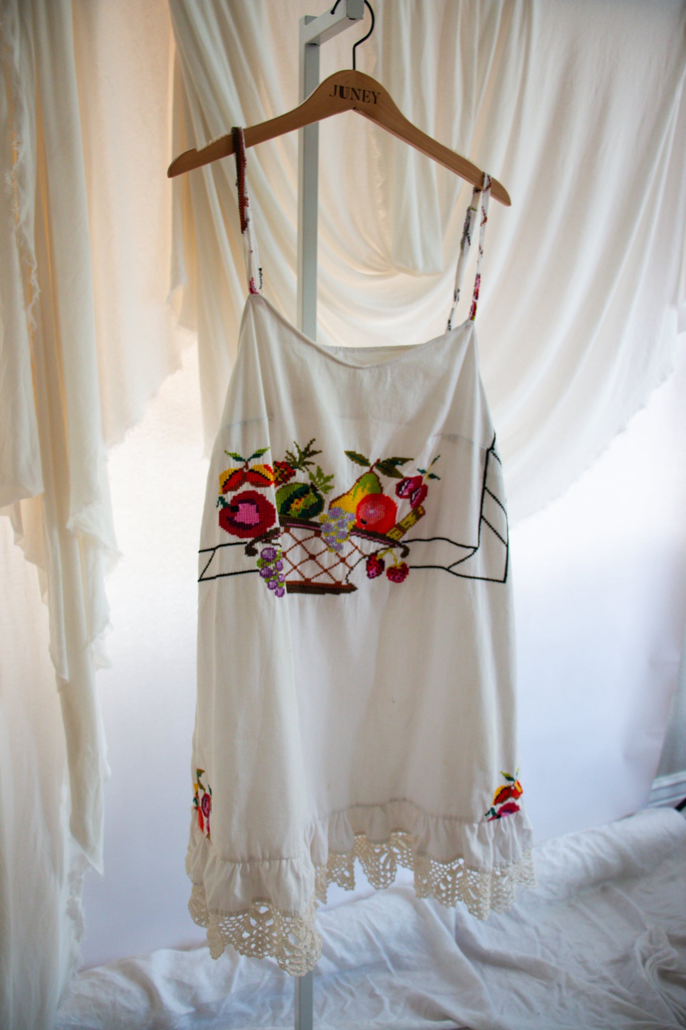 Embroidered Tablecloth Upcycled Fruit Basket Dress - Large to Extra La Juuney Embroidered Tablecloth Upcycled Fruit Basket Dress - Large to Extra La Juuney