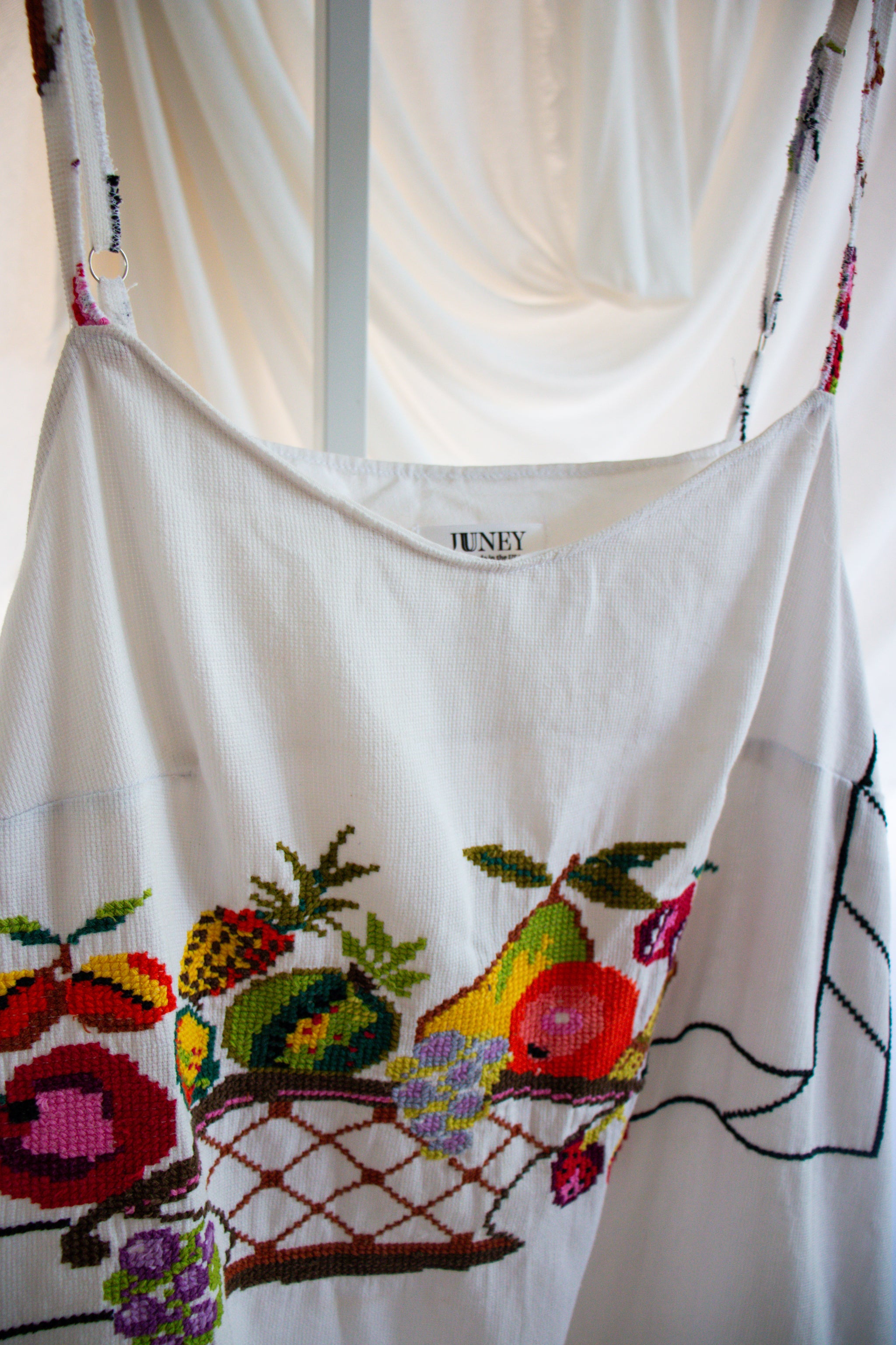 Embroidered Tablecloth Upcycled Fruit Basket Dress - Large to Extra La Juuney Embroidered Tablecloth Upcycled Fruit Basket Dress - Large to Extra La Juuney