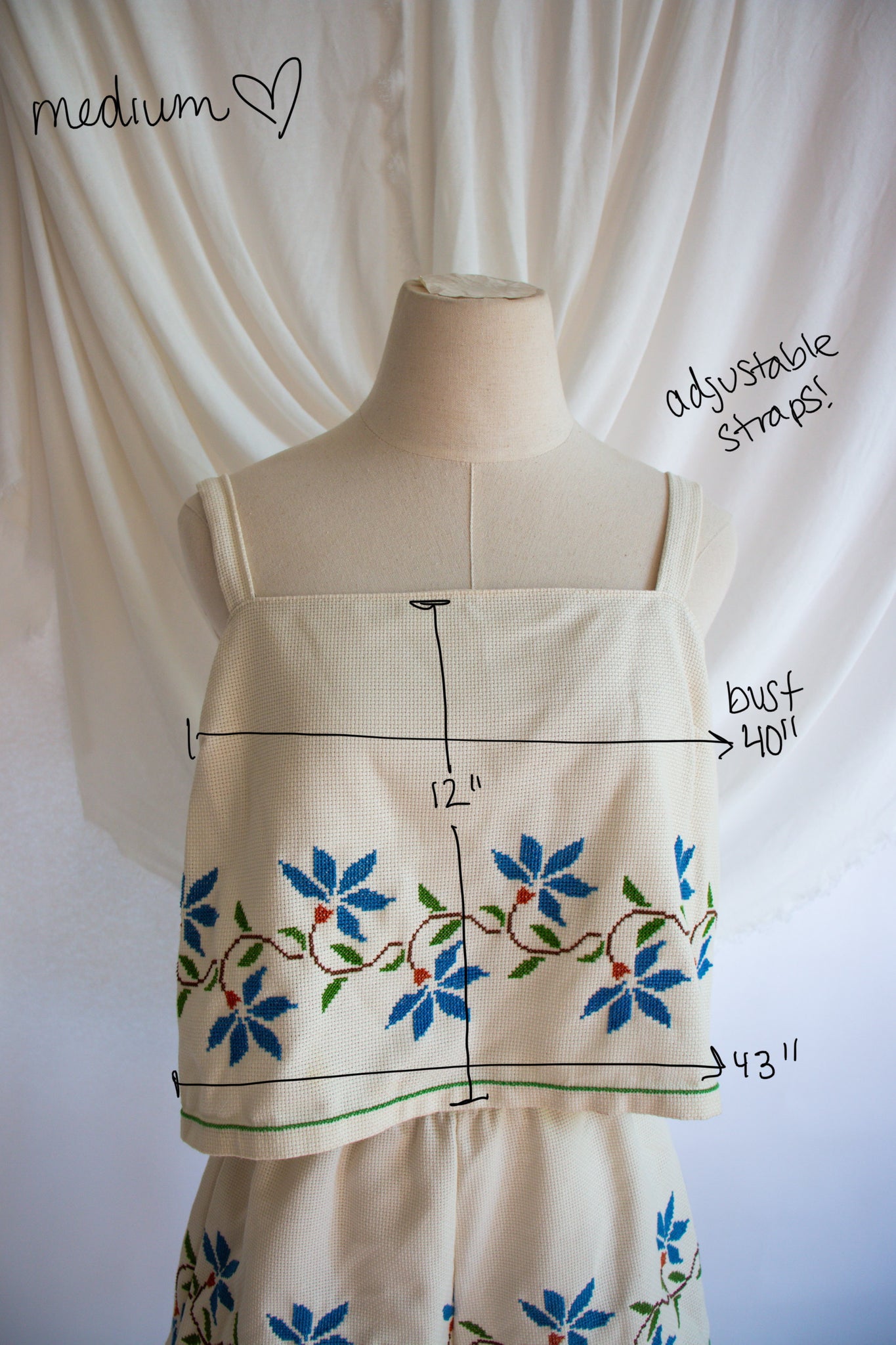 Blue & White Embroidered Tablecloth Upcycled Tank Top - Medium