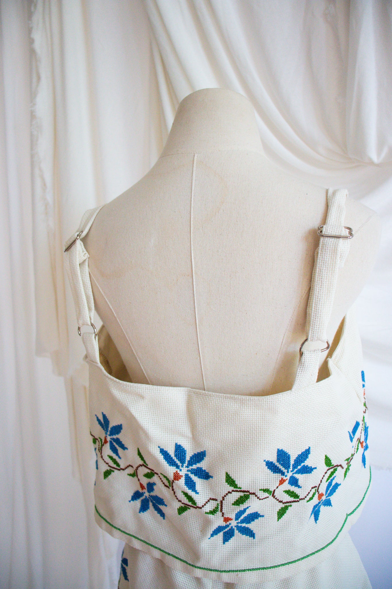 Blue & White Embroidered Tablecloth Upcycled Tank Top - Medium