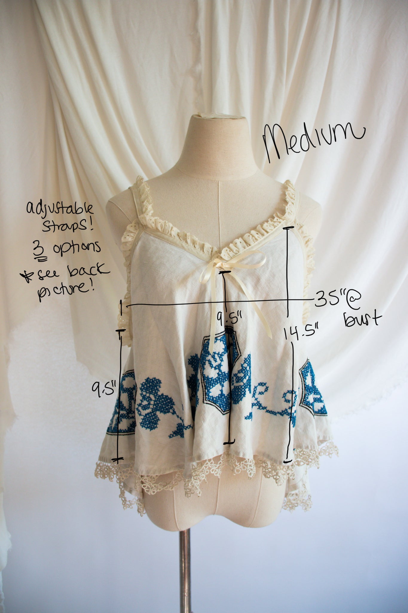 Blue & White Upcycled Vintage Tablecloth Tank Top- Medium