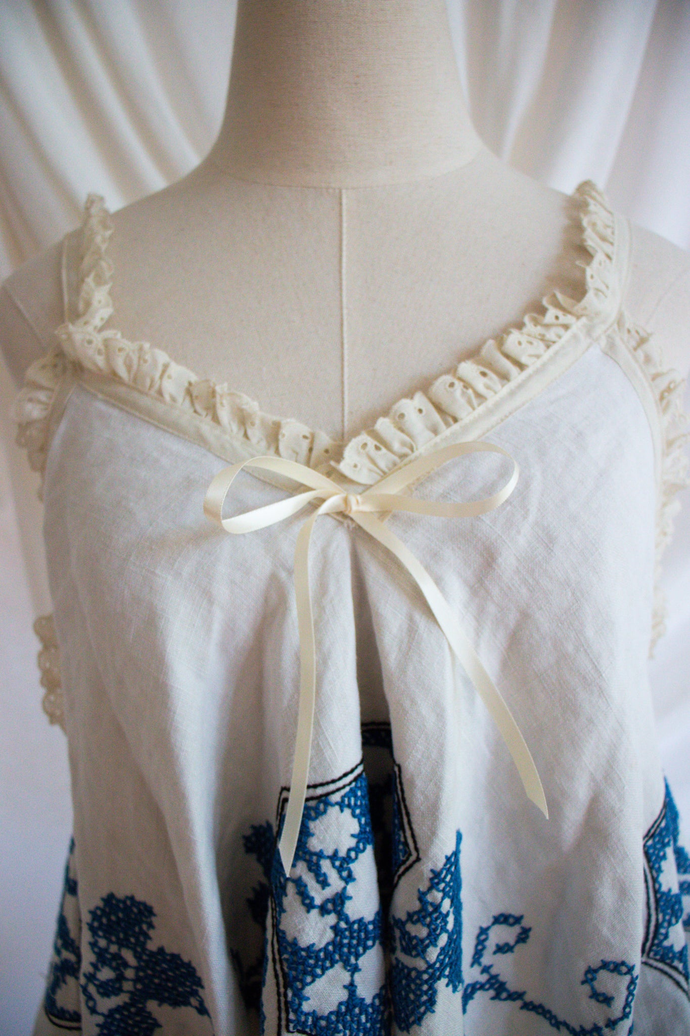 Blue & White Upcycled Vintage Tablecloth Tank Top- Medium