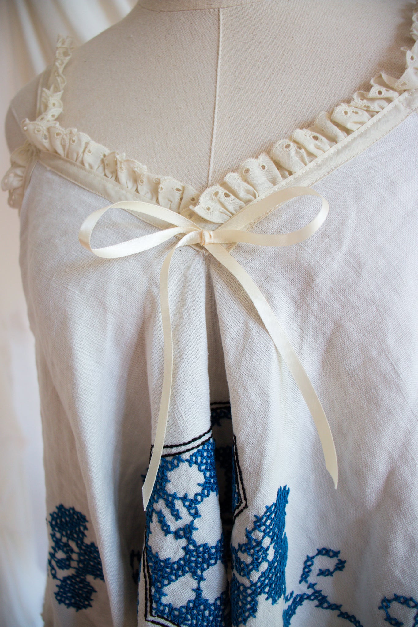 Blue & White Upcycled Vintage Tablecloth Tank Top- Medium