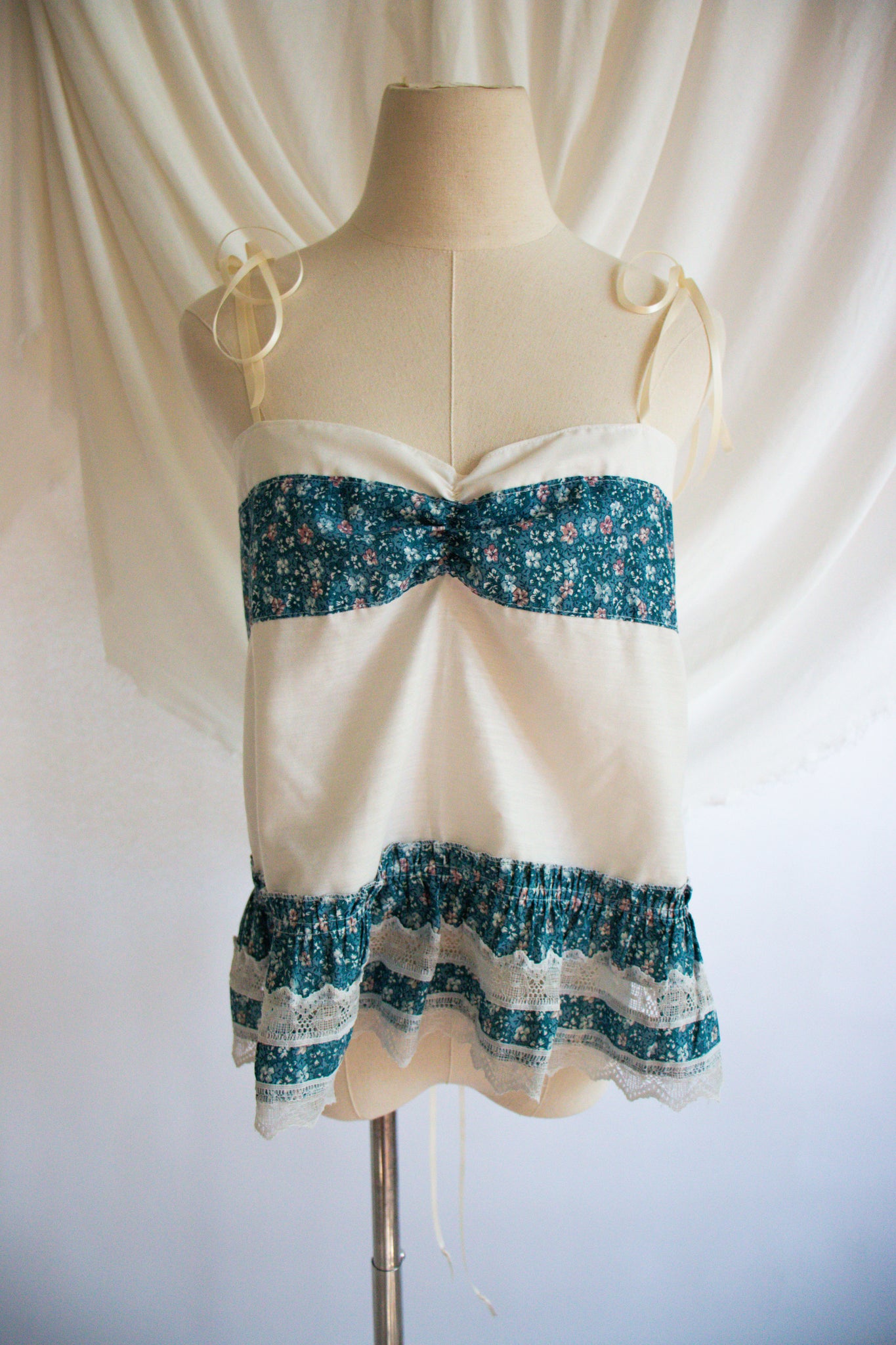Blue & White Upcycled Vintage Curtain Tank Top- Small to Large