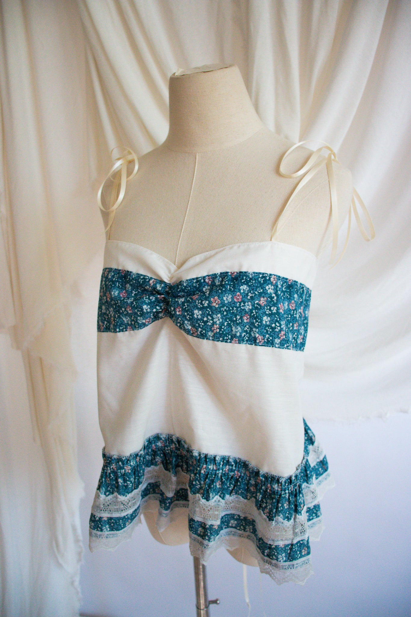 Blue & White Upcycled Vintage Curtain Tank Top- Small to Large