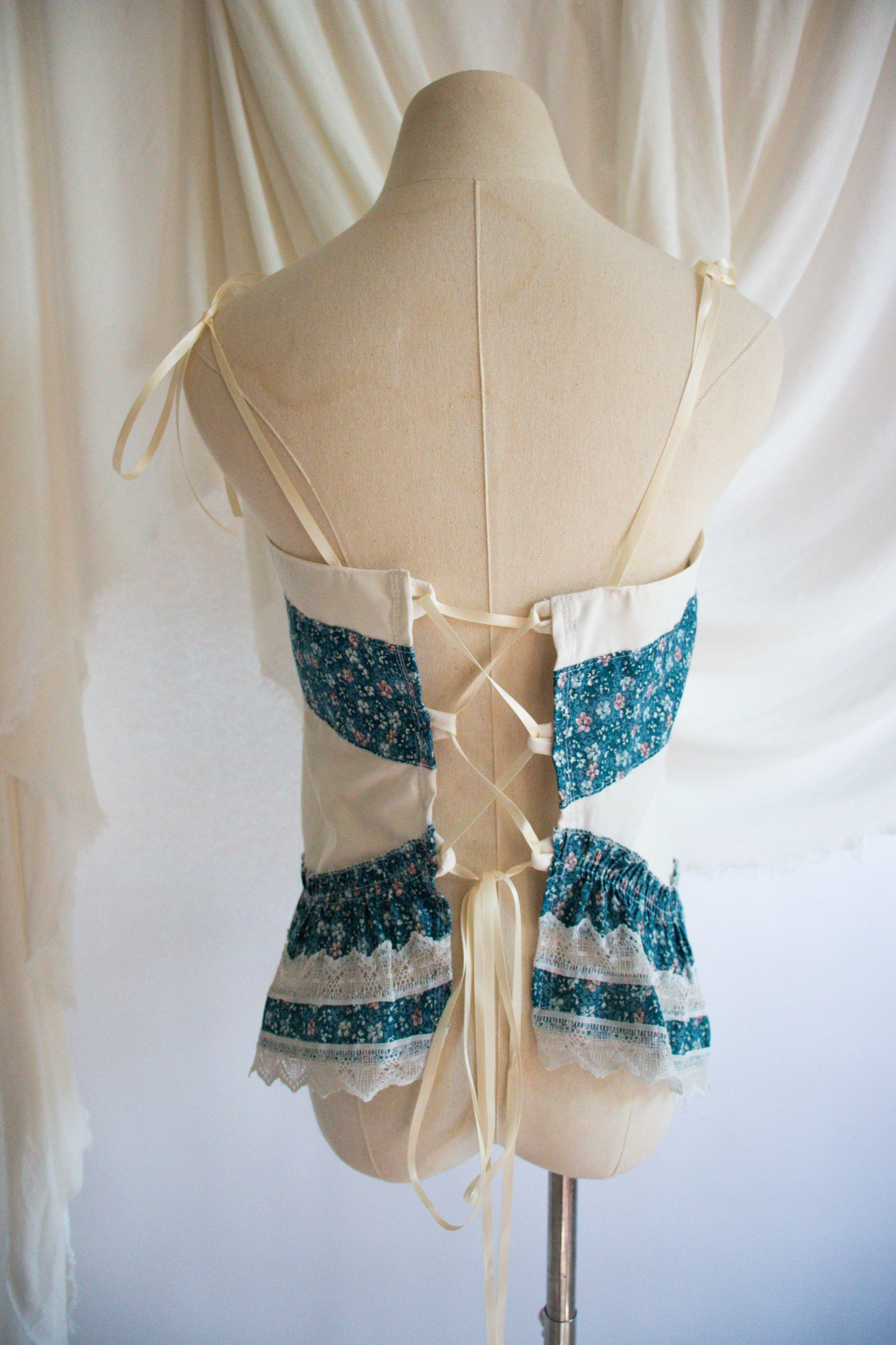 Blue & White Upcycled Vintage Curtain Tank Top- Small to Large
