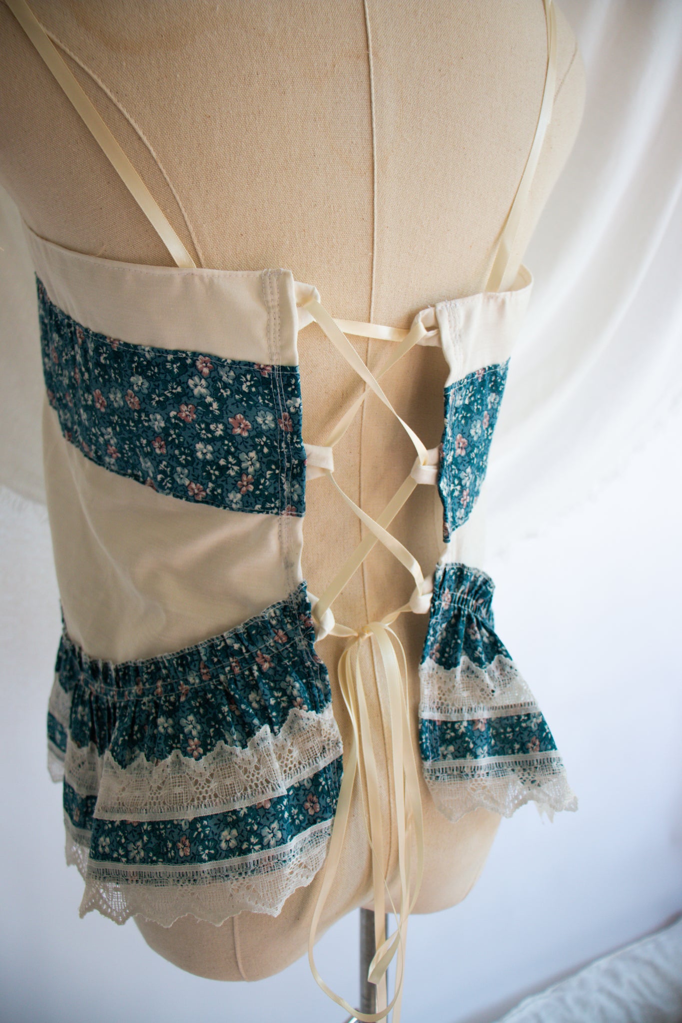 Blue & White Upcycled Vintage Curtain Tank Top- Small to Large