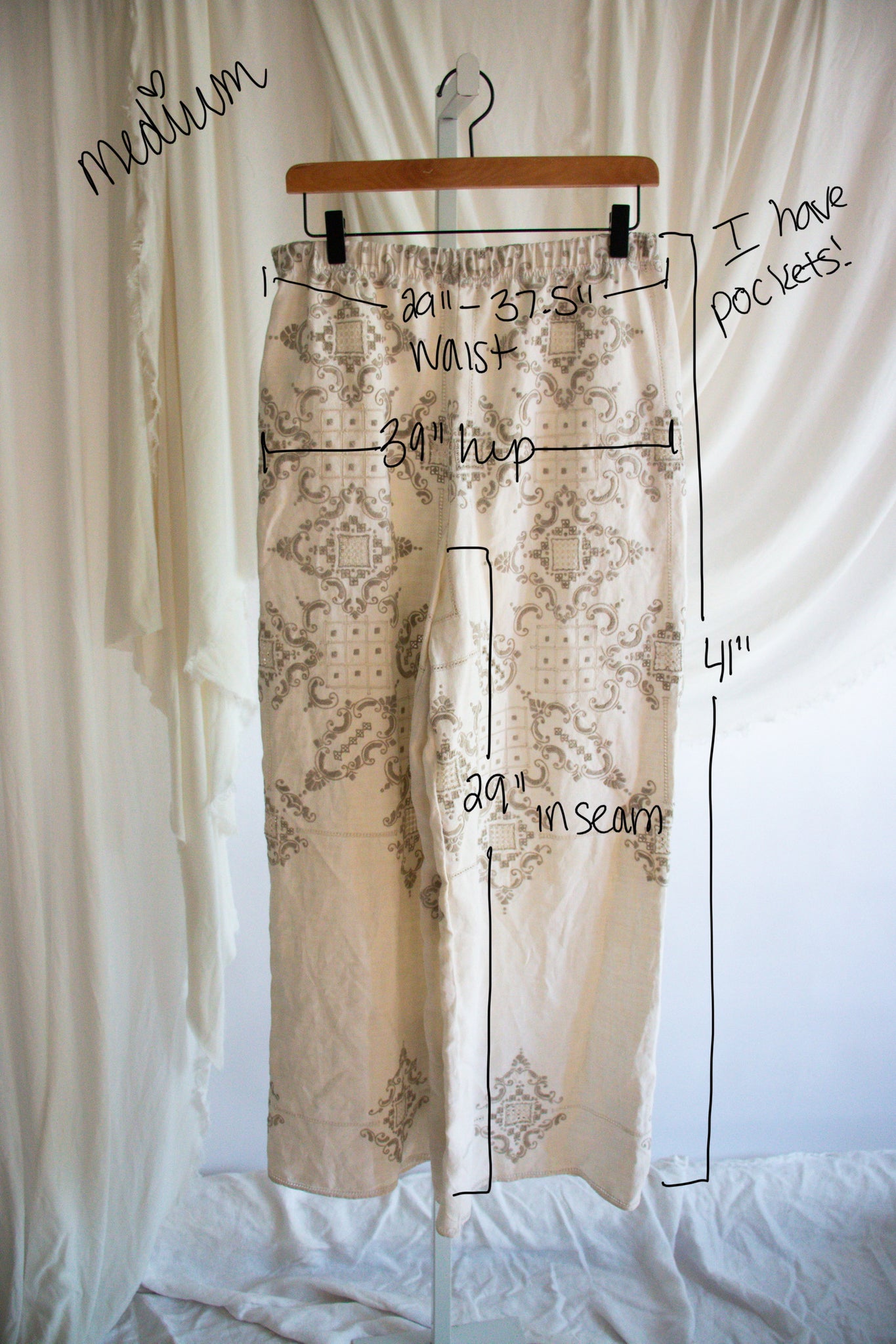 Upcycled Vintage Tablecloth Pants - Medium