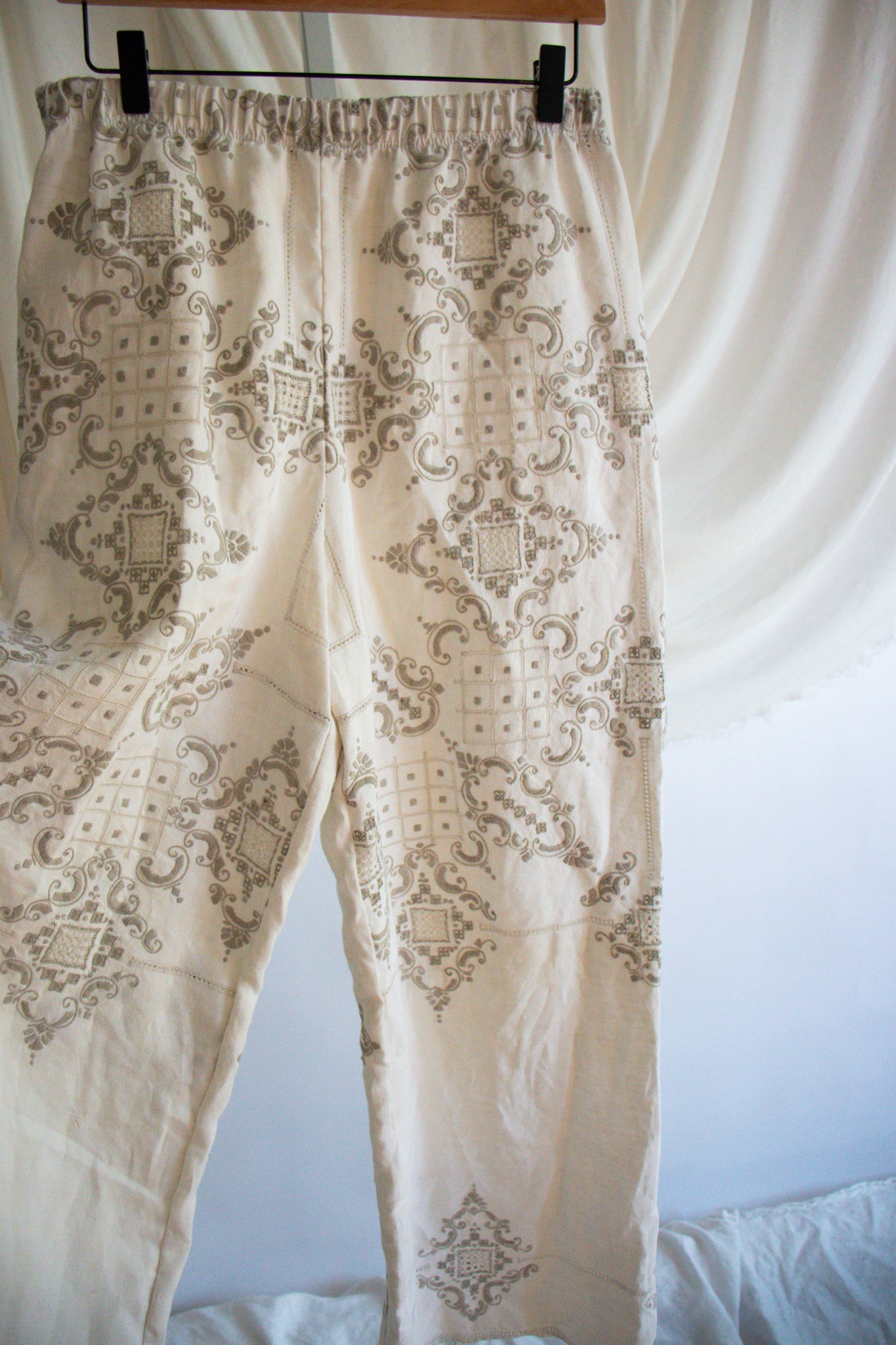 Upcycled Vintage Tablecloth Pants - Medium