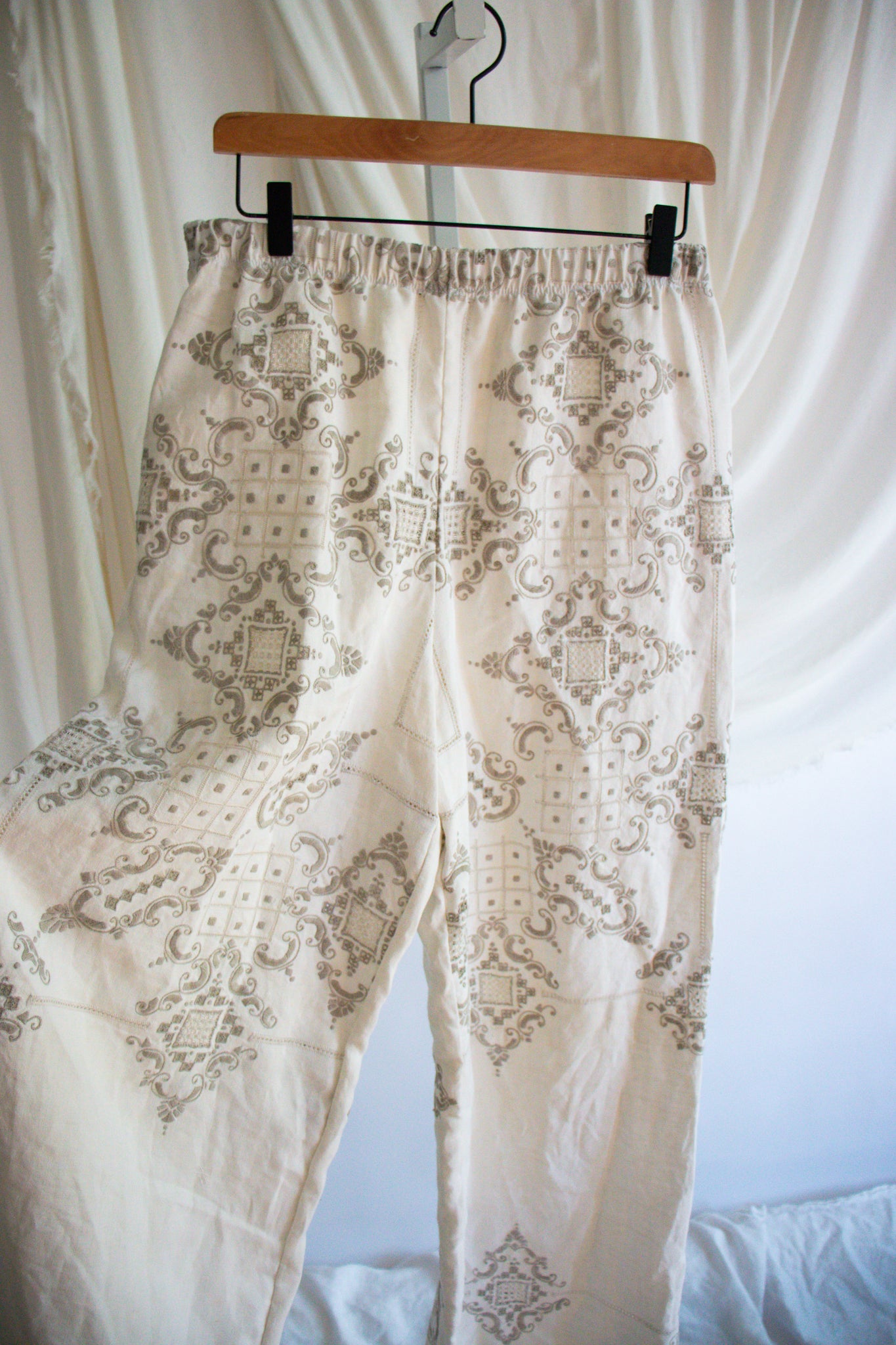 Upcycled Vintage Tablecloth Pants - Medium