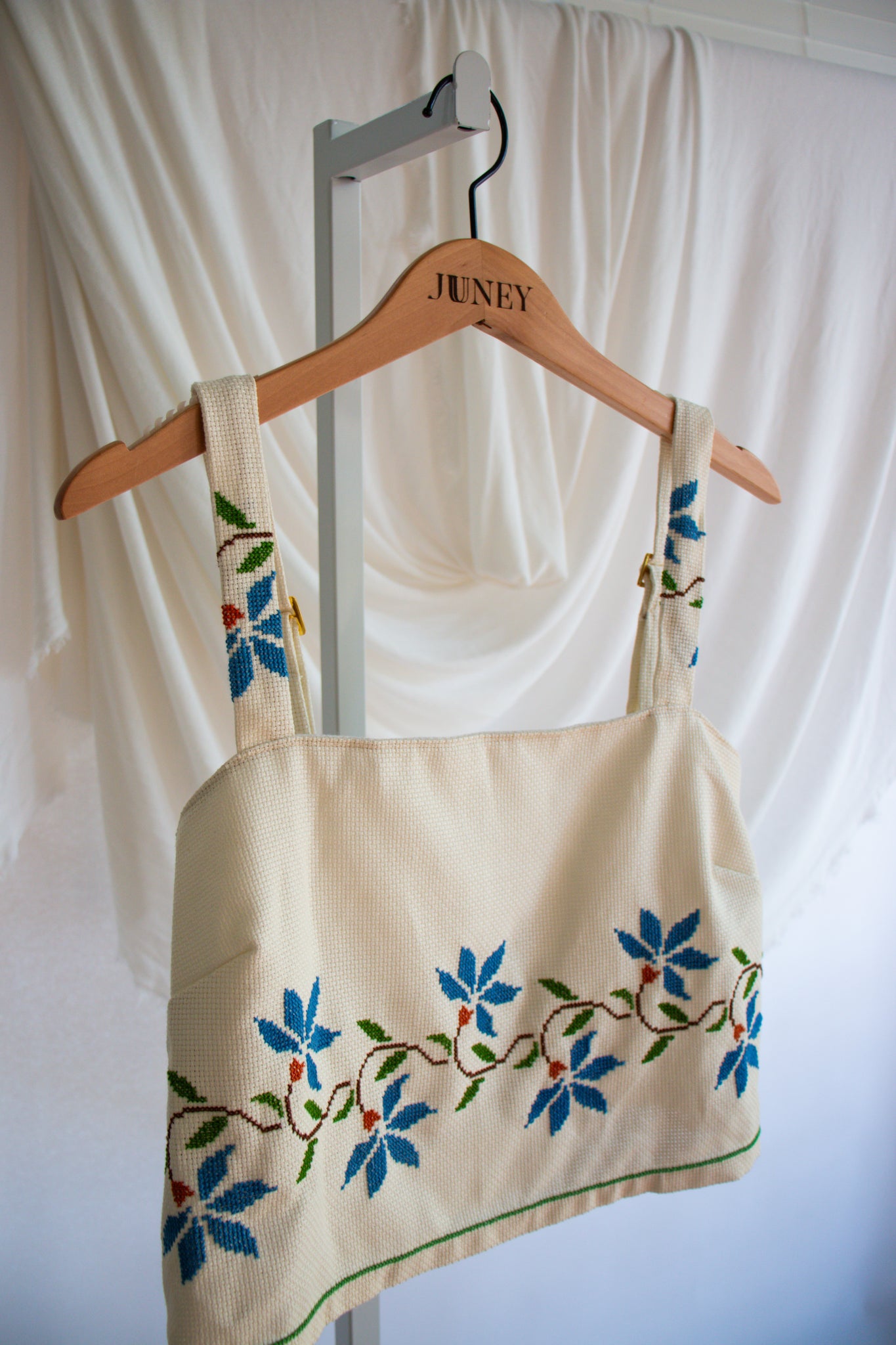 Blue & White Embroidered Tablecloth Upcycled Tank Top - Small