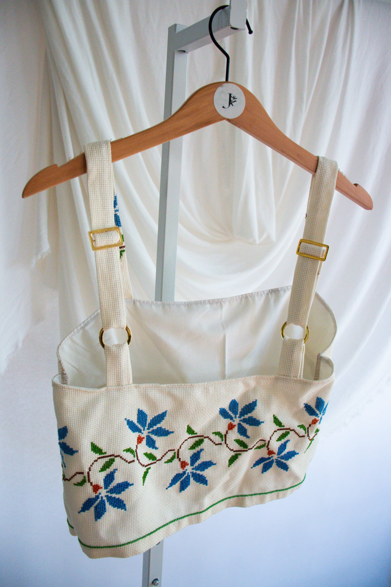 Blue & White Embroidered Tablecloth Upcycled Tank Top - Small